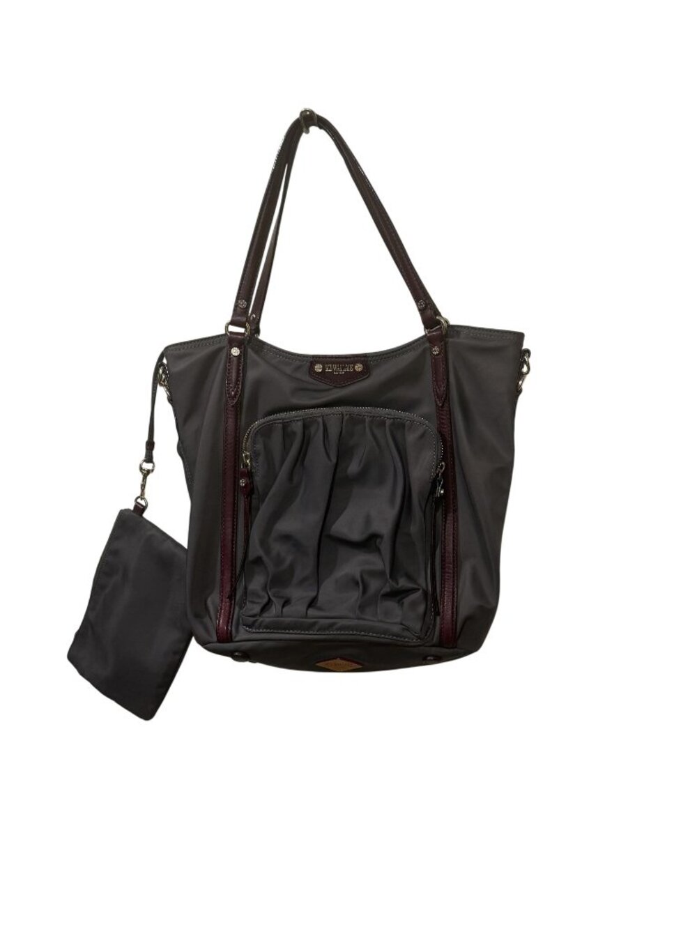 MZ Wallace Black Nylon Tote Bag With Burgundy Leather Trim & Pouch